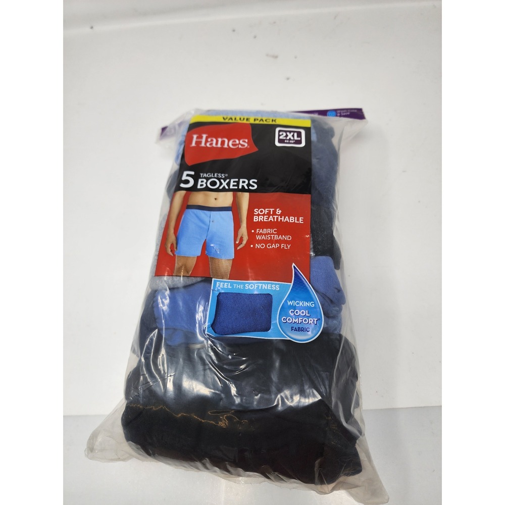 Hanes Mens Tagless 5 Pack Boxers Blue Cotton Blend Casual Size 2XL